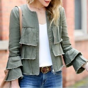 INC olive green 100% linen ruffled zip cardigan topper boho size PM layer jacket